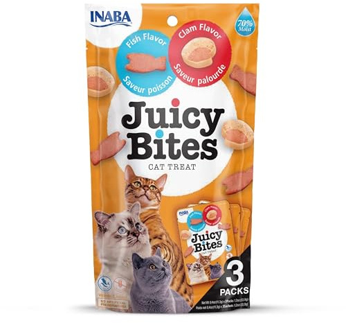 Juicy Bites by INABA - Snack per gatti al gusto di pesce e vongole (3 x 33 g), snack morbido e umido, delizioso e salutare per gatti, giallo