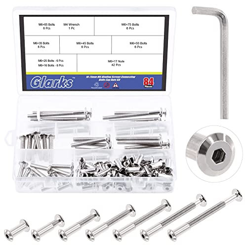Glarks 85PCs M6 x 16/25/35/45/55/65/75mm Hex Drive Socket Head Cap Bolts & Screws Kit, Nickel Plated Allen Head Countsunk Furniture Crib Bolts & Nuts