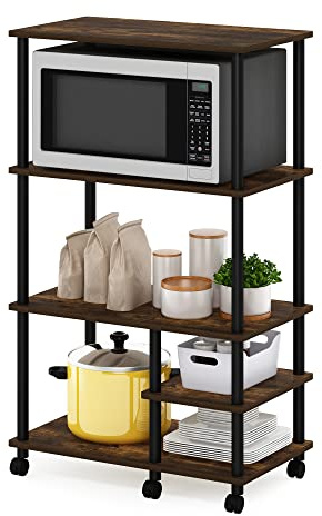 Furinno TURN-N-TUBE Bakers Rack with Wheels, 4-Tier Kitchen Storage Cart, Kitchen Cart, Coffee Bar, Pantry Organizers and Storage, Amber Pine