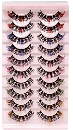 Russian Mix-02 Lot de 10 paires de faux cils bouclés multicolores en forme de D pour les yeux Rose Bleu Violet Fluffy Wispy Lot de 10 paires de faux cils courts et souples réutilisables