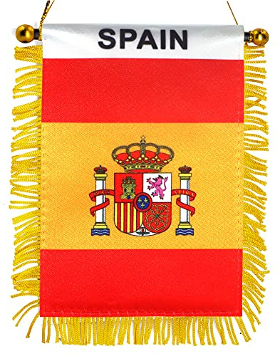 Anley 4 X 6 tum Spanien Fringy Fönster Hängande Flagga - Mini Flagga Banner & Bil Backspegel Dekor - Fringed Spansk Hängande Flagga med sugkopp
