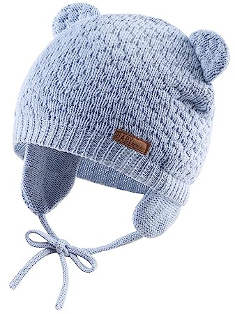 XIAOHAWANG Baby Wintermütze Jungen Mädchen Warmer Strickmützen Weicht Baumwolle-Futter mit Süße Bärenohren Winter Babymütze(Himmelblau, 0-6 Months)