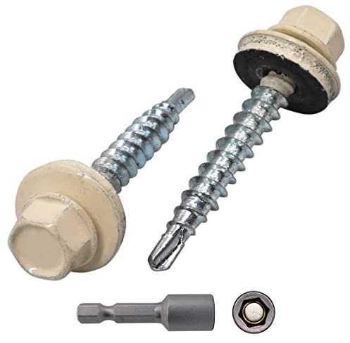 SKIR'CO (300 st) Takskruvar i metall, 4,8 x 35 mm målade självborrande skruvar med EPDM-brickor, sexkantshuvud (ljus elfenben RAL 1015)