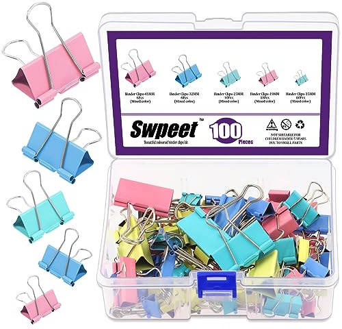 Swpeet 100 clip in metallo colorato per raccoglitori, graffette per carta, clip pieghevoli, 5 misure grandi, medie, piccole, piccole e micro, per ufficio, casa, scuola, classe