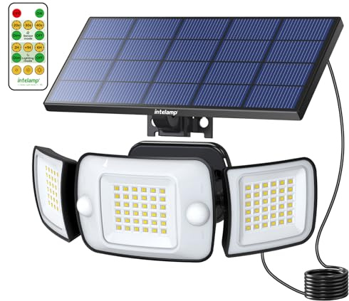 INTELAMP Solar Strahler mit Bewegungsmelder mit Fernbedienung, 6000mAh 1200LM Außenleuchte,4 Modi 270°Weitwinkel Solarlampen für Außen 108 LED IP65 Wasserdichte Wandleuchte für Garage, Garten