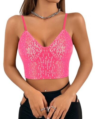 Segreto damer glitter paljetter linne ärmlös spagettiremmar sexig crop top axelbandstopp festival party klubb camisole, Rosa paljetter, S