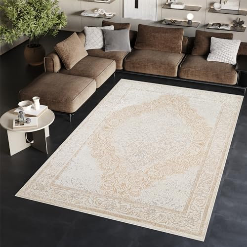 TAPISO Ares Teppich Kurzflor Glänzend Creme Weiß Rahmen Blumen Floral Ornament Medallion Klassisch 3D Effekt Wohnzimmer Schlafzimmer ÖKO-TEX 120 x 170 cm