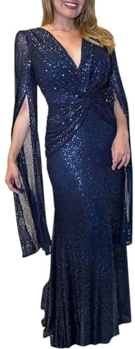 Minetom Femme Élégante Col en V Longue Robe à Paillettes Fête Maxi Robe de Soirée Mariage Cocktail Cérémonie A Bleu L