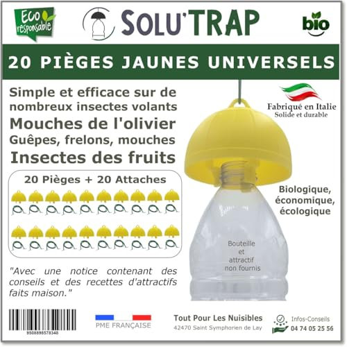 SOLUTRAP - 20 Pièges universels Jaunes - Ecologique et économique - Mouches - Guêpes - Frelons - Mouche de l'olivier