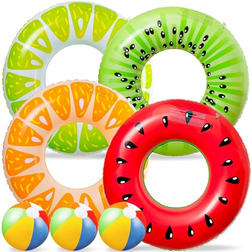 LATERN 7 Pezzi Frutta Galleggianti Gonfiabili dello Stagno, 4 Pezzi 75CM Anelli Tubi da Nuoto a Frutta con 3 Pezzi 35CM Palloni da Spiaggia - per Bambini Adulti Spiaggia Nuoto Piscina Festa