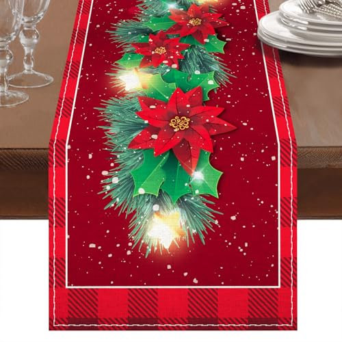 Chemin De Table Noel en Lin Rouge 230 x 33cm, Decoration Noel Table, Long Chemin De Table Noel Rouge avec Poinsettia, Feuille de Houx et Flocons De Neige Imprimés, pour Deco De Table Noel,De Maison