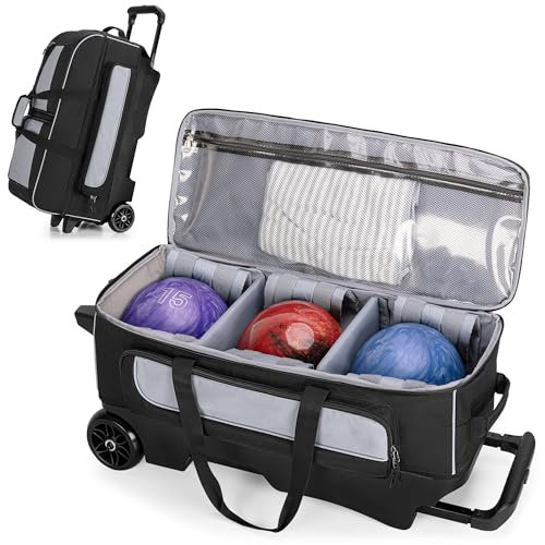 GOBUROS Sac de bowling à roulettes à 3 balles avec plusieurs poches pour accessoires et compartiment à chaussures, peut contenir 2 paires de chaussures de taille 16, 3 sacs de bowling avec grandes