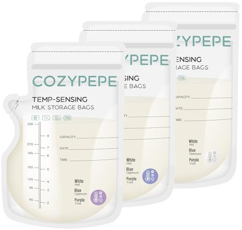 Cozypepe 100 Pcs Breastmilk Storage Bags, 8Oz Breast Milk Storing Bag with Pour Spout, Temperature-Sensing Color Change Milk Bag for Convenient Breastfeeding, No Leak Presterilized for Freezer