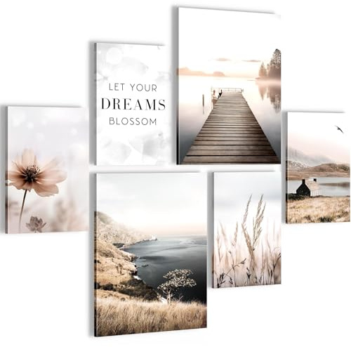 Novart Wandbilder Set Natur See Boho Beige - KEIN EXTRA RAHMEN BENÖTIGT - Modern Deko - Wohnzimmer Schlafzimmer Flur N029263a