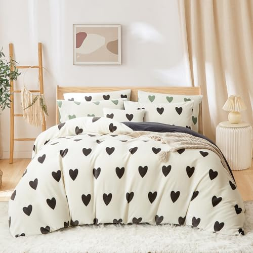 Covebett Biancheria da letto in flanella, 135 x 200 cm, motivo a cuori, in pile di cashmere touch, con chiusura lampo e 1 federa 80 x 80 cm