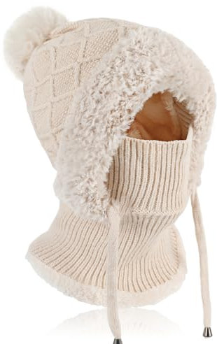 TAGVO Strickmütze Damen Thermo Winter, 3 in 1 Beanie Mütze Warm Strickmütze & Halswärmer Sets, Multifunktional Verstellbar Sturmhaube Gesichtsmaske mit Dickes Fleece gefüttert für Frauen Outdoor