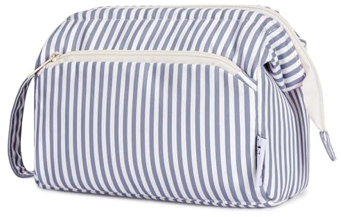 Narwey Large Makeup Bag Wide-Open Zipper Pouch Travel Wash Bag Toiletry Bag Cosmetic Organizer for Women (Greyish Blue Stripe)