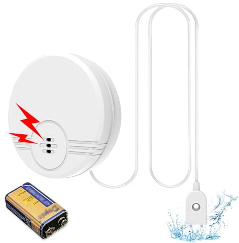 BNGXR Detector de Fugas de Agua, 135dB Alarma Sensor de Agua, Detector de Inundaciones, Alarma de Agua, Detector de Agua para Sótanos, Baños, Lavaderos, Cocinas (6F22/9V Baterías Incluidas)