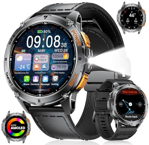 ESFOE DM4 Smart Watch for Men with GPS/Barometer/Compass, 1,43'' AMOLED Military Smartwatch with 530mAh Battery/Flashlight/Heart Rate/SpO2, 5ATM Waterproof 170+ Sports Fitness Watch for Android iOS