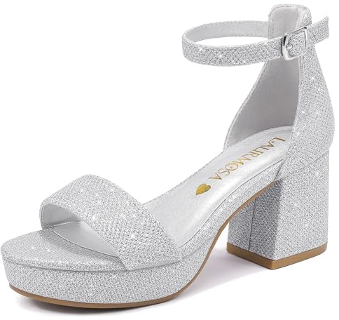 LAURMOSA Girls Dress Shoes High Heels for Kids Dress Sandals Flower Girl Shoes Wedding Party Pageant Sparkly Glitter Silver Heels Open Toe Ankle Strap Pumps Platform Size 3 Big Kids (L1038GlSilver 3)