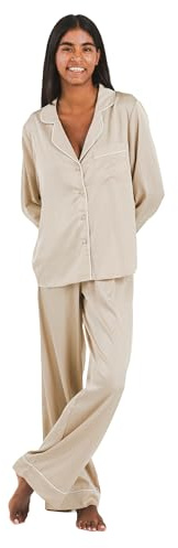 TRAMAS+ Pijama Mujer Satén, Pijama Mujer Largo, Conjunto de Manga Larga con Botones y pantalón con Cintura Elastica, Ropa de Dormir Cómoda - XL, Beige