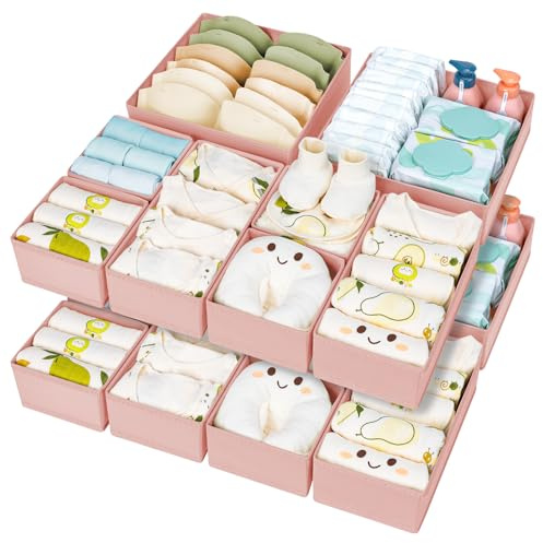 15 Pack Drawer Organiser Clothes - Baby Drawer Dividers with Zipper Pink | 3 Size Cubes For Skincare, Toiletries, Combs, Razors, Cosmetics, Face Masks, Perfume, Jewellery in Bathroom, Dressing Table