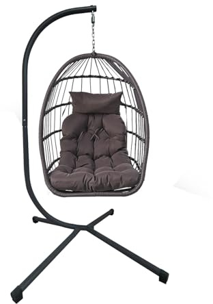 Foldable Rattan Swing Chair Hammock with Steel Stand Weather-Resistant Hanging Chair, Removable Cushion for Patio Garden Indoor Outdoor Use (Grey Ratten Hanging Chair with Dark Grey Cushion)