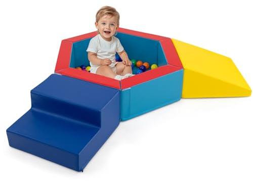COSTWAY Set di 3 Blocchi da Arrampicata in Schiuma per Bambini, Set Gioco per Interni con Piscina di Palline, Triangolo, Scala e Palline Colorate per Bambini 1+ Anni