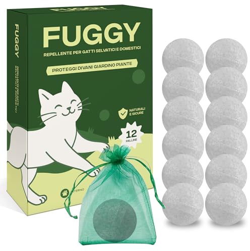 FUGGY - Repellente per Gatti Divano Naturale – Dissuasore e Disabituante Gatti per Interno ed Esterno – 12 Palline + 5 Buste – Anti Gatto Divano e Giardino