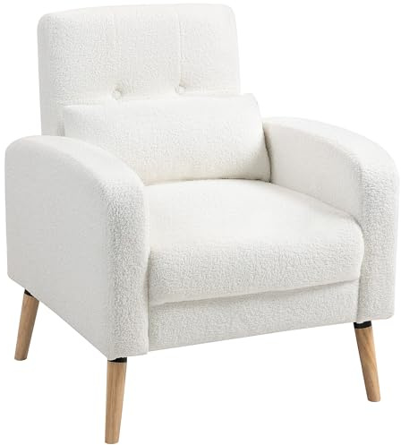 HOMCOM Loungesessel Sessel mit Lendenkissen, Gepolstert Polstersessel mit Holzbeine, Fleece-Stoff, Relaxsessel Einzelsessel für Wohnzimmer, Schlafzimmer, Weiß