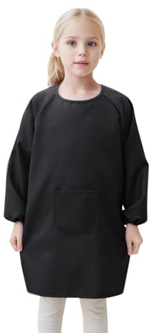 Tablier de peinture pour enfants avec poche pour les enfants, tabliers de peinture pour artistes, tablier avec manches longues, chemise longue pour femmes, Noir , 8-12 ans