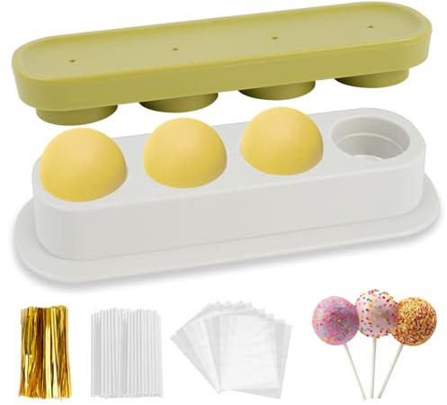 301pcs Round Cake Pop Mold Kit, 4 Cavity Circle Cakepop Making Shapes Press Cutter and Pusher Cake Pop Sticks and Wrappers Twist Ties Baking Tools Accessories for Lollipop Candies Chocolates Cookies