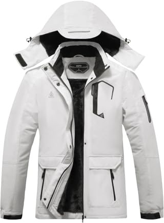 ASPO Women's Waterproof Ski Jacket Warm Winter Snow Coat Hooded Snowboard Windbreaker Fleece Lined Mountain Raincoat Hiking White L