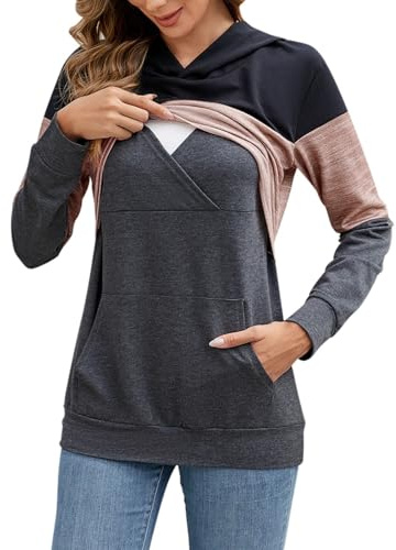 Gefomuofe T-shirt d'allaitement à manches longues pour femme - Pull à capuche - Chemisier d'allaitement avec poche - Vêtements de grossesse - T-shirt basique à manches longues - Tunique à manches