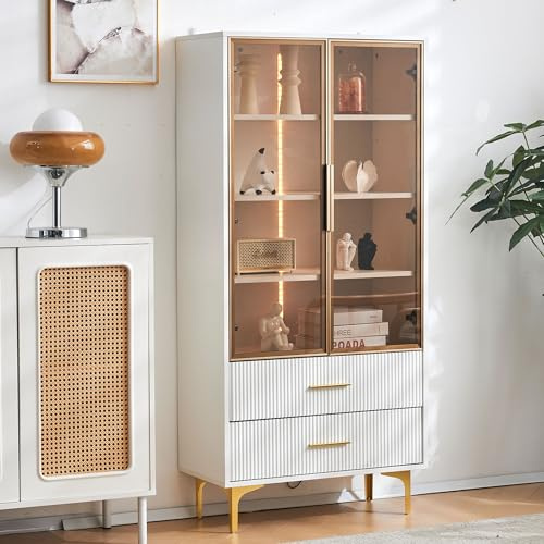 Elegante vitrina de cristal con dos puertas, 70 x 35 x 150 cm, puertas de cristal, patas doradas, estantes móviles, vitrina con luz LED, armario, vitrina de cristal, armario alto, vitrina de pie