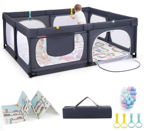 COSTWAY Baby Playpen, 189 x 158cm Toddler Fence with Mat, Ocean Balls, Pull Rings, Breathable Mesh, Infants Activity Play Yard for Indoor Outdoor (Dark Grey)