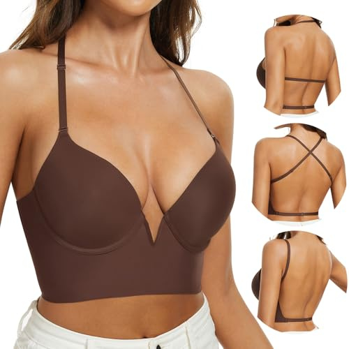 Low Back Bras-Deep V Plunge Multiway Bra-Seamless Invisible Backless Bra | Lightly Lined, Underwire, Low Cut, Halter, No Show Convertiable Open Back Bra for Women Backless Dresses and Low Back Tops