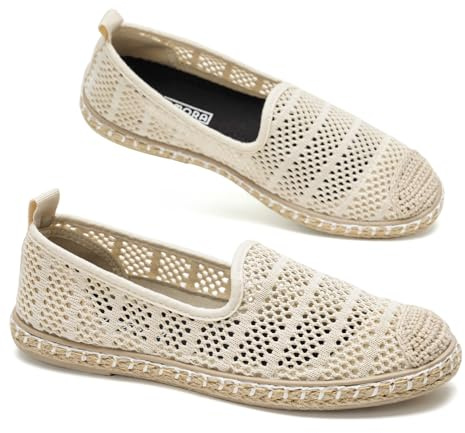 GLAMORA Alpargatas Mujer Caladas Slip On Punto Transpirable Zapato Plano Ligero Flexible Suela Goma Efecto Esparto Crochet Puntera Cerrada Comodo Verano Sin Cordones