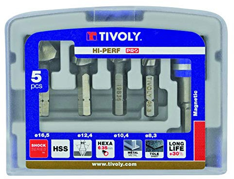 Tivoly Coffret TIVOLY de 4 fraises à noyer HSS à 90° hexa Ø 8,3 à 16,5 mm + 1 porte embout