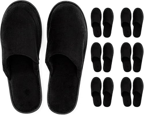Spa Slippers – 6 Pairs of Cotton Velvet Closed Toe Slippers (Medium Size) with Travel Bags – Thick, Soft, Non-Slip, Disposable Slippers – Home, Hotel, or Commercial Use (6 Pack Medium, Black)