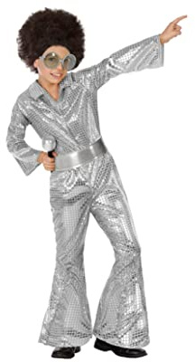Atosa | Disfraz de Disco Años 70 Infantil | Traje Fiesta Retro para Niño | Incluye Mono Plateado de Manga Larga y Cinturón | Ideal para Carnaval, Fiestas y Eventos Escolares | Talla 7-9 Años