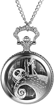 JewelryWe Taschenuhr Herren Damen mit Schädel Totenkopf Jack Skellington aus The Nightmare Before Christmas, Quarz Analog Uhr mit Kette Halskette Silber