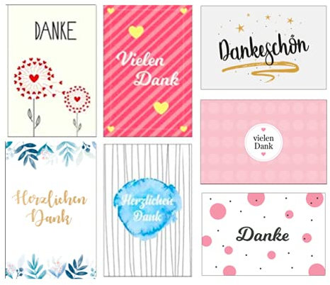 7 Premium Dankeskarten (Klappkarten) mit 7 Umschlägen, Danke, Dankeschön, Karten, Dankekarten, Hochzeit, Geburt, Baby, Taufe, Abschied, Geburtstag, Jubiläum