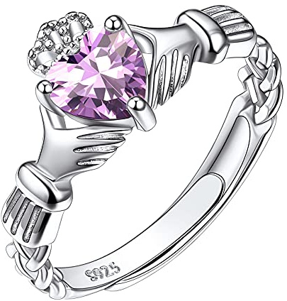 Suplight Joyería Irlandesa Plata de Ley 925 para Mujeres Claddagh Corona Anillos Plateados Corazón Plateados con Cristales Alejandrita Piedra de Junio Regalo de Familia