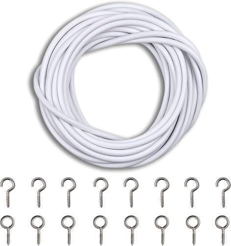 ZYBUX 4 Metre Curtain Wire with 8 Hooks and 8 Eyes - Adjustable Voile Curtain Cord Kit for Net Curtains, Voile, Windows, Wardrobes - Multi-Purpose Tension Wire for Hanging Photos, Decor, Party Use