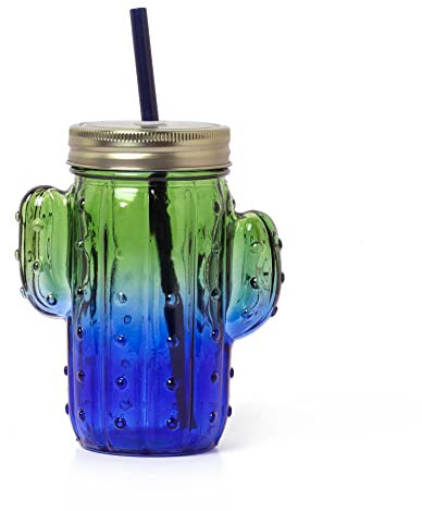 Legami - Bicchiere in Vetro con Tappo e Cannuccia, Cheers, 11x14,5 cm, 350 ml, in Vetro, Plastica, Acciaio Inox, Tema Cactus, Boccale col Manico a Forma di Pianta Grassa, Tappo a Vite (JAR0002)