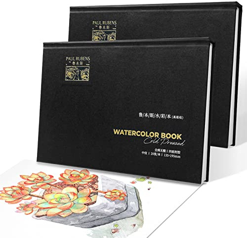 Paul Rubens Watercolor Sketchbook, High Absorptio, Artist Quality Cold Pressed Watercolor Paper pad for Watercolors and Wet Media Block, 100% Cotton, 7.87x5.43'', 140lb, Pack of 2 (40 Sheets)