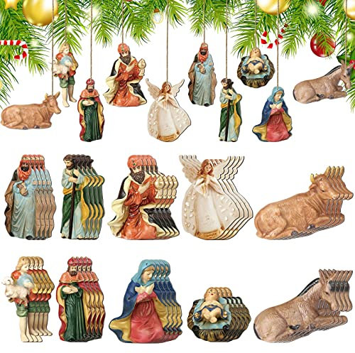 40 Piece Vintage Wooden Nativity Scene Ornament Set - Jesus & Religious Figures for Christmas Tree & Farmhouse Decor