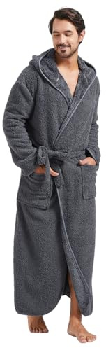 FashGudim Mens Plush Robe with Hood Full Length Winter Long Luxury Hooded Bathrobe for Men Big and Tall (Gray, 5XL)
