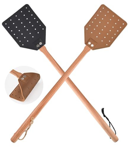 Lot de 2 tapettes à mouches en cuir, stables, avec manche en bois, destructeur d'insectes pour l'intérieur et l'extérieur